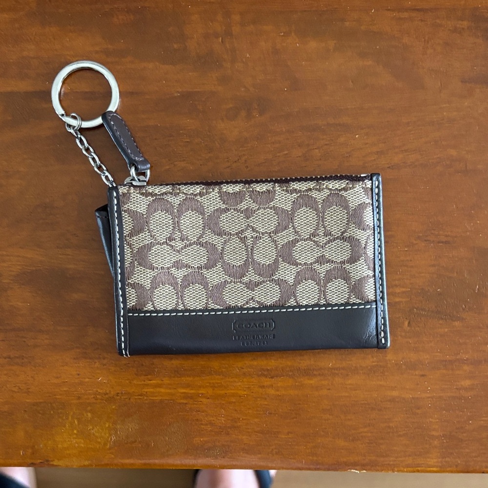 Coach Brown Signature Canvas Card Case with Key Ring
